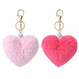 Auihiay 2 llaveros de pompones de corazón esponjosos de imitación pompones llavero bolsa de coche encanto para decoración del día de San Valentín