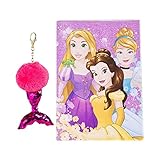 SRV Hub® Juego de 2 piezas de papelería de personajes de princesas Disney, cuaderno con purpurina A5 y llavero de lentejuelas con pompón rosa, juego para estudiantes, el mejor regalo y útil para todos